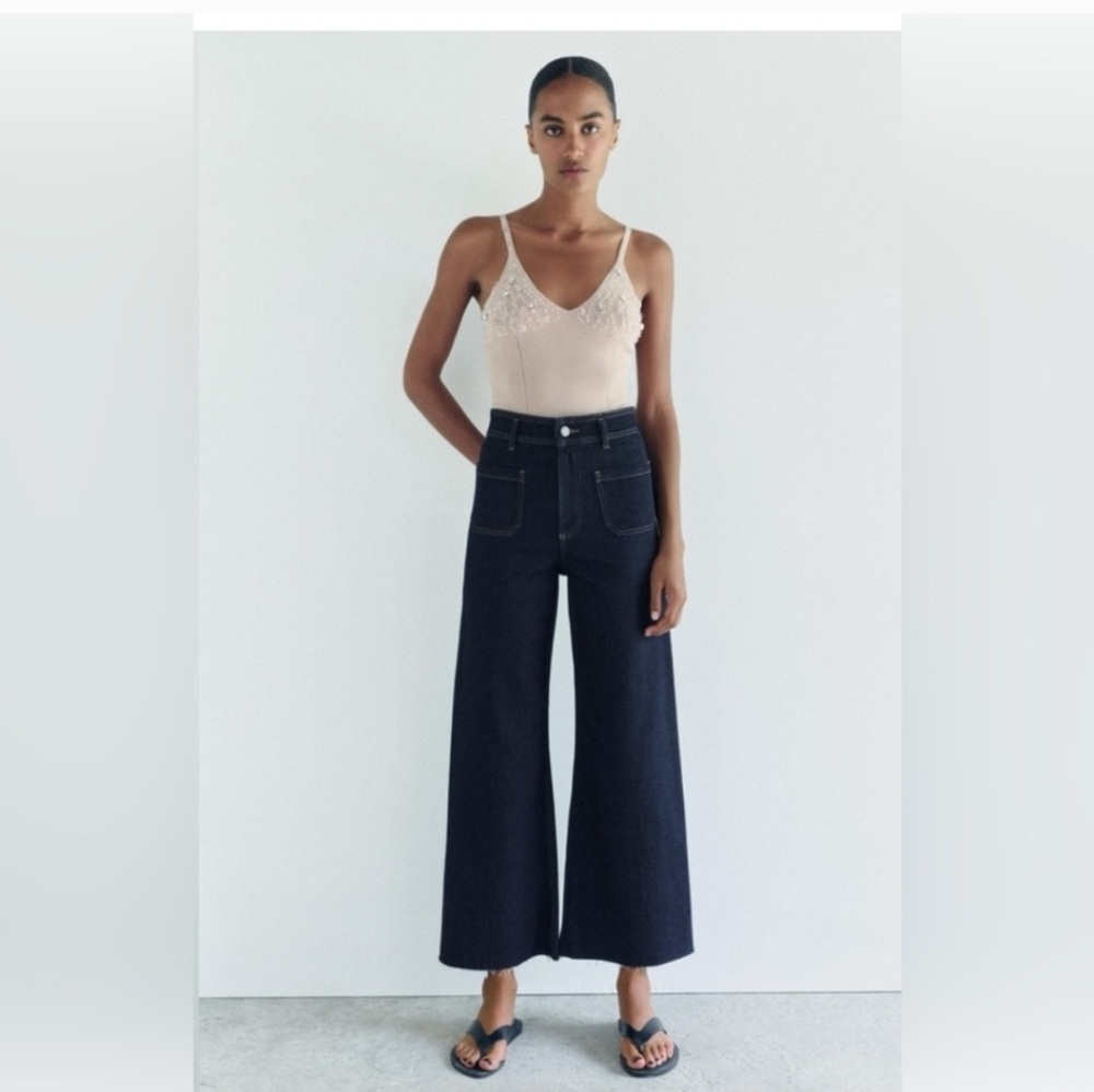ZARA Womens 8 Zip Front Hi-Rise Patch Pocket Marine Sailor Wide Leg Jeans